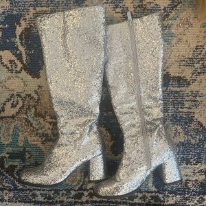 Ellie 3” Glitter Silver Knee-High GoGo Boots, Size 8
